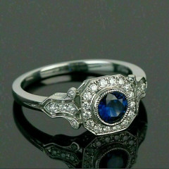 Art Deco Style Round Sapphire & Lab Created Diamond 14K Gold FN Anniversary Ring