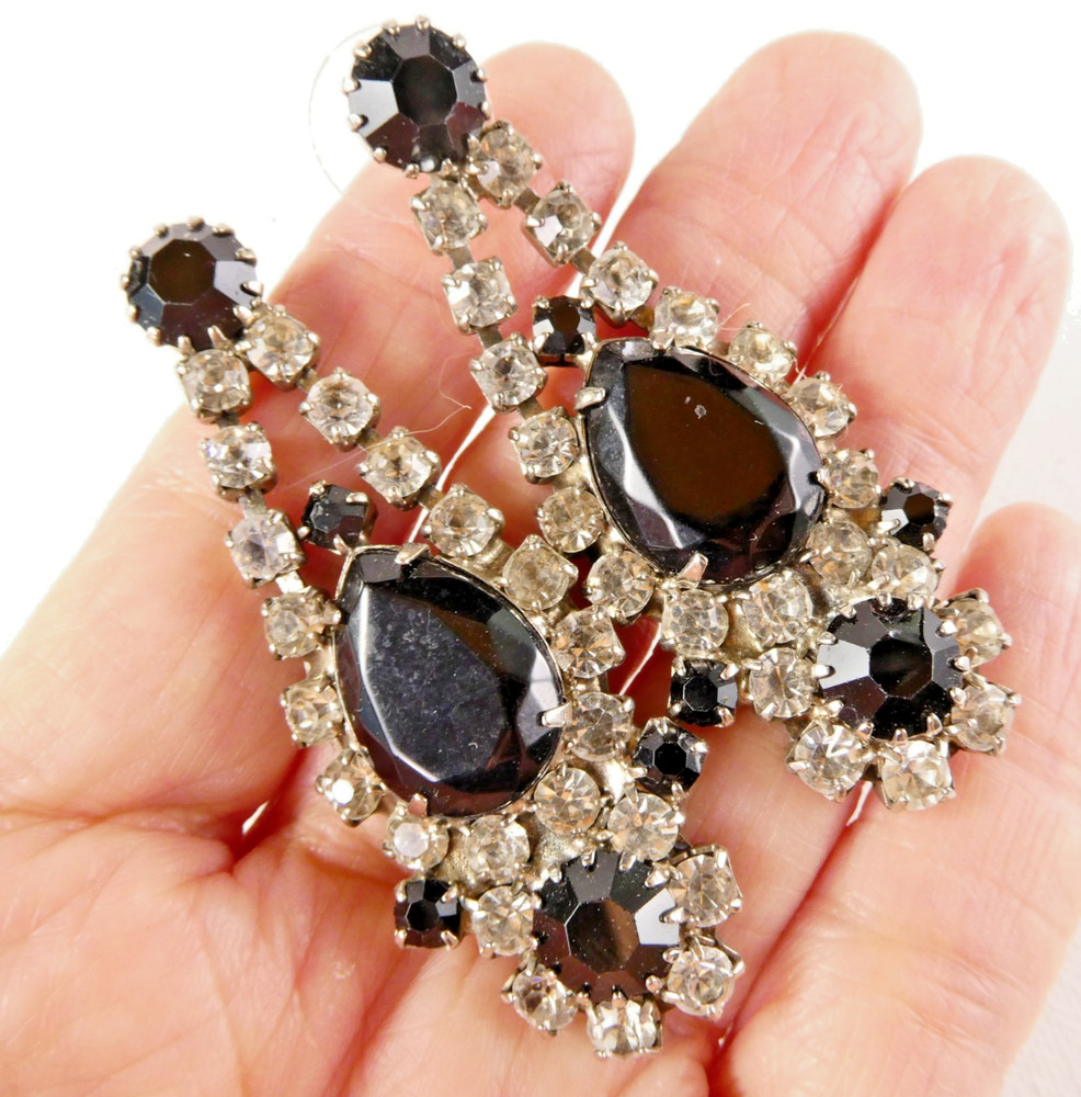 Vintage Rhinestone Dangle Drop Earrings White Black Prong Set Clear Stones