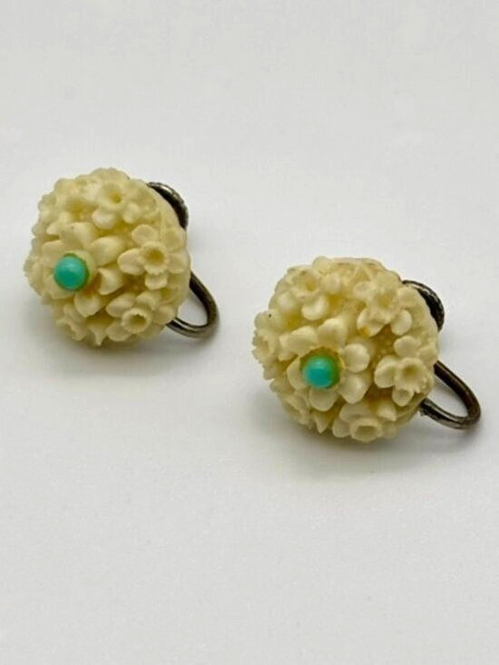 Vintage Earrings Carved Lucite/Resin Flowers Faux Turquoise Screw-Back, Unsigned