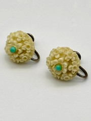 Vintage Earrings Carved Lucite/Resin Flowers Faux Turquoise Screw-Back, Unsigned