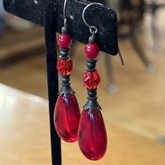 Vintage Red Glass Teardrop Cabochon & Faceted Dangle Drop Pierced Earrings