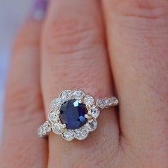 Art Deco Lab Created Diamonds ring with blue sapphire 14k White Gold Finish Ring