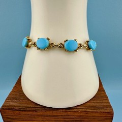Vintage Bracelet Blue Milk Glass Gold Tone Oval Links MCM 6.5″ Faux Turquoise