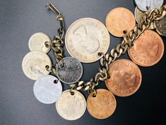 Vintage 15 RARE 1950’s Coin Charm Bracelet South Africa, India, Osterreich, Mex