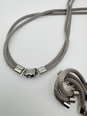 Vintage Mesh Necklace Earring Set Tassel Silver Tone Knot Lariat Clip On