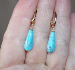 Vintage Gorgeous Genuine 1/20 14K GF Blue Turquoise Teardrop Lever back Earrings