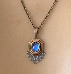 Vintage Necklace Art Deco Delicate Brass Pendant W/ Antique Blue Czech Glass