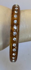 Vintage Clear Torty Amber Lucite Inset Rhinestone Bangle Rare Oval Shape 7″