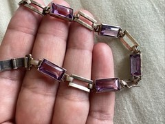Vintage Sterling Silver 14 K Gold Purple Glass Line Bracelet 7.25”