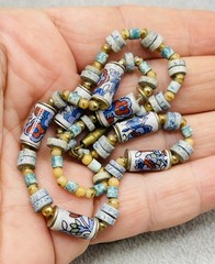 Vintage Porcelain Floral Bead Necklace Mixed Stone Beads Blue White Boho