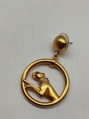 Vintage 80s Jackie Collins Gold Tone Green Eyes Panther Drop Pierced Earrings