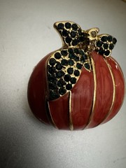 Gold Tone Orange Enamel Green Rhinestones Pumpkin Brooch Pin