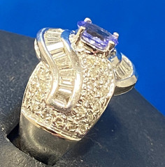 14k WHITE GOLD TANZANITE & BAGUETTE/PAVE DIAMOND WOMENS RING 7 1/2 4.9GRAMS