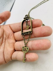 Vintage Bronze Tone Lovebird in Gilded Cage Dove Heart Lock Key 18 in Necklace