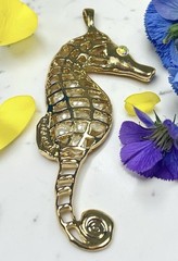 Vtg Large Gold Tone Seahorse Pendant Faux Pearl Filled Iridescent Rhinestone Eye
