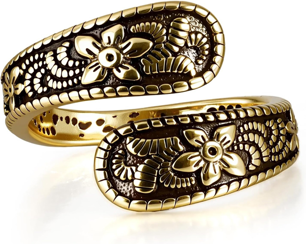 Vintage 14K Gold Plated and Silver Spoon Ring – Adjustable Ring with Carving Des