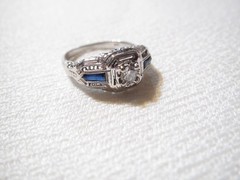 ART NOUVEAU 18K WHITE GOLD DIAMOND & SAPPHIRE ANTIQUE FILIGREE RING – SZ 4 1/2