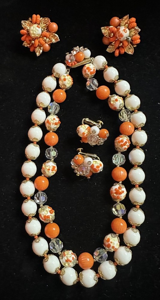 Vintage Vendome Necklace Earrings Orange, White And Gold Plated Unique Beads 15”