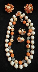 Vintage Vendome Necklace Earrings Orange, White And Gold Plated Unique Beads 15”