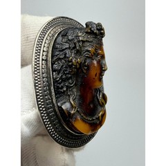 Antique Sterling Silver Cameo Brooch High Relief Amber Toned Lady Portrait #1193