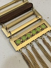 Unique Statement Gold Tone Necklace with Pendant Wood Rhinestone Dangle Boho Art