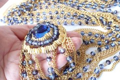 Vintage Signed Marvella Multi Strand Long Necklace Large Brooch Blue Glass Beads