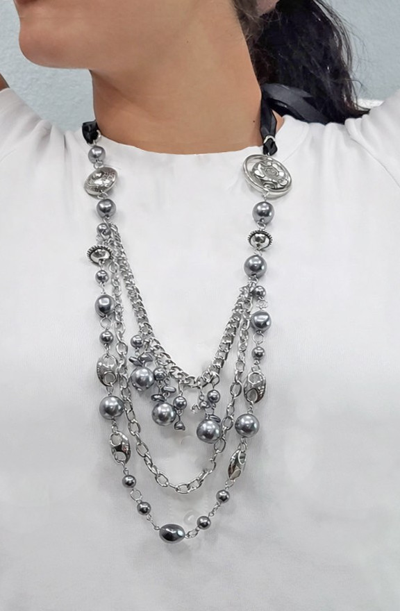 Boho Gray Pearl Bead & Silver Tone Black Satin Ribbon Multi Strand Necklace