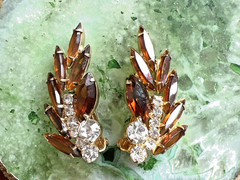 VINTAGE JULIANA DELIZZA & ELSTER AMBER and CLEAR RHINESTONE EARRINGS
