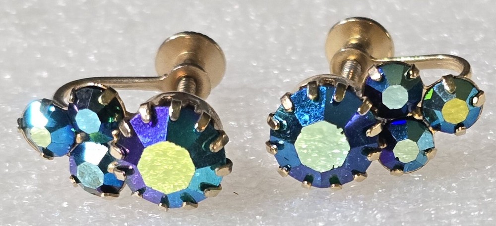 Vintage Purple Blue Aurora Borealis Rhinestones Brass Screw Back Earrings