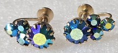 Vintage Purple Blue Aurora Borealis Rhinestones Brass Screw Back Earrings