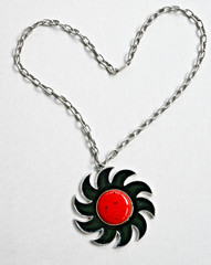 Vintage Celebrity New York Black Enamel Red Sun Pendant Necklace Signed
