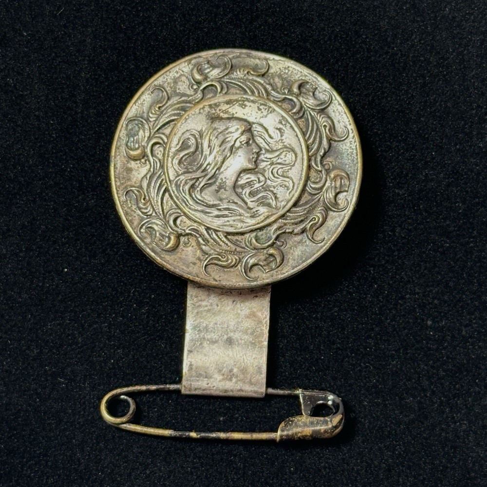 Rare Antique Art Nouveau Silver Plated Lady with Fan CLIP PIN Wm Lukey Co