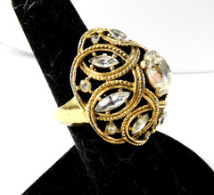 Vintage Crown Trifari Cocktail Ring Dome Shaped Gold Tone Clear Marquise Stones