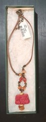 Vintage Marshall Fields Carved Cinnabar Pendant Necklace Asian Lacquer Boxed Tag