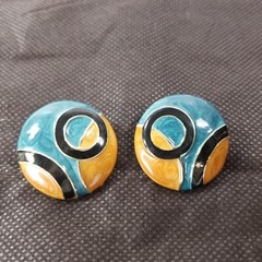 Vintage Domed Enamel Round Retro Style Cloisonne Pierced Earrings