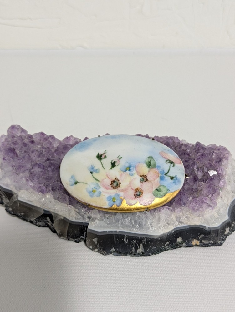 Large Antique Hand Painted Porcelain Blue Floral Cameo Brooch B195