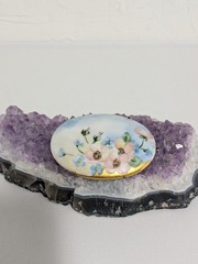Large Antique Hand Painted Porcelain Blue Floral Cameo Brooch B195