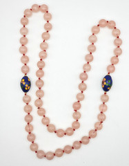 VINTAGE Rose Quartz Bead Necklace Pink Cloisonne Floral Spacer Knotted 32in