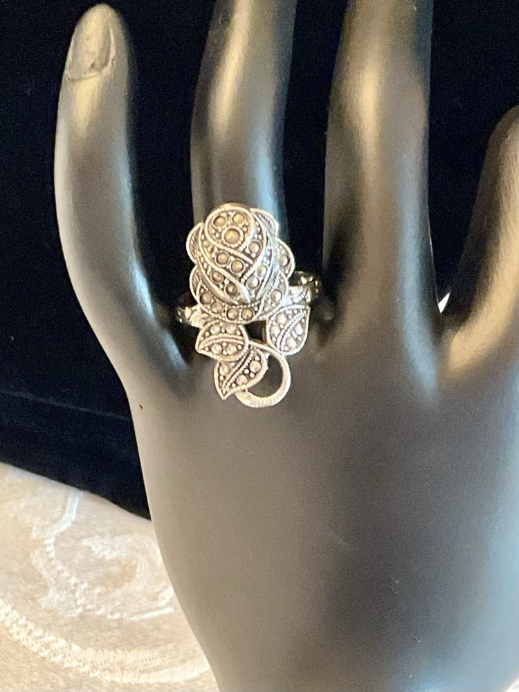 C&C Rhodium Electroplate Clark & Coombs Art Deco Marcasite Rose Flower Ring VTG
