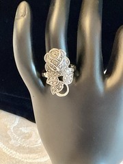 C&C Rhodium Electroplate Clark & Coombs Art Deco Marcasite Rose Flower Ring VTG
