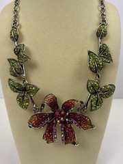 Vintage Kirks Folly Silver Tone Rhinestone Orchid Rhinestone Statement Necklace