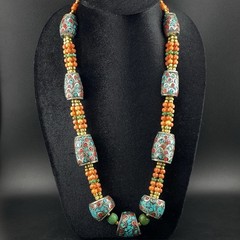 Beautiful Handmade Nepali Jewellery Turquoise Coral & Brass Beads Necklace