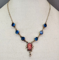 Vintage Glass Bead Necklace Blue Beads Pink Quartz Artisan Silver Tone 18.75″
