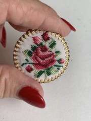 VINTAGE ROSE EMBROIDERED PIN & CLIP EARRINGS RED, PINK, WHITE HAND MADE