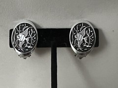 Vtg Black Inset Silver Angelfish Oblong Clip On Earring Made in Western Germany
