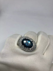 Huge Great Color Blue Topaz Stone 14.99CT With Small Topaz 925 Silver Women Ring