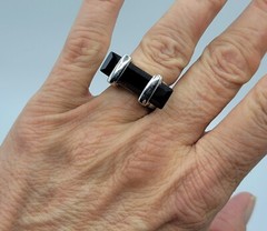 Vtg Ring Sz 7 Lg Black Cubic Zirconia Jewelry 18K GE White Gold Electroplate