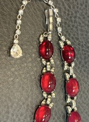 RARE ART DECO JOMAZ Or MAZER Faux Ruby Cabochon Rhinestone SILVER TONE Necklace
