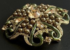 Vtg Champagne Pearl Green Rhinestones Enamel Gold Brooch Art Deco Nouveau Style!