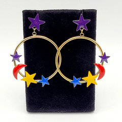 Stars Crescent Moon Colorful Enamel Metal Gold Tone Round Hoop Pierced Earrings